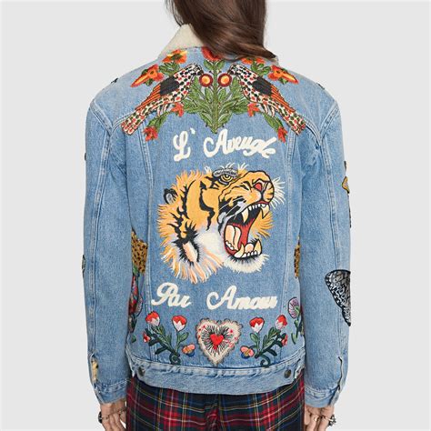 gucci floral embroidered denim jacket|Gucci tiger denim jacket.